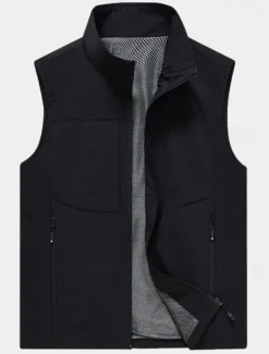 Men's Vest Gilet Fishing Vest Hiking Vest Daily Date Vacation Fashion Casual Spring & Summer Pocket Polyester Breathability Plain Zipper Stand Collar Regular Fit Black Khaki Army Green Dark Blue Vest