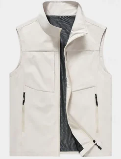 Men's Vest Gilet Fishing Vest Hiking Vest Daily Date Vacation Fashion Casual Spring & Summer Pocket Polyester Breathability Plain Zipper Stand Collar Regular Fit Black Khaki Army Green Dark Blue Vest