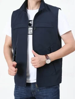 Men's Vest Gilet Fishing Vest Hiking Vest Daily Date Vacation Fashion Casual Spring & Fall Pocket Nylon Comfortable Mountain Zipper Stand Collar Regular Fit Black Khaki Army Green Dark Blue Vest