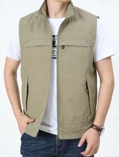 Men's Vest Gilet Fishing Vest Hiking Vest Daily Date Vacation Fashion Casual Spring & Fall Pocket Nylon Comfortable Mountain Zipper Stand Collar Regular Fit Black Khaki Army Green Dark Blue Vest