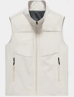Men's Vest Gilet Fishing Vest Hiking Vest Sleeveless Vest Gilet Jacket Daily Wear Modern Contemporary Spring & Summer Outdoor Solid / Plain Color Zipper Standing Collar Loose Fit rice white Black