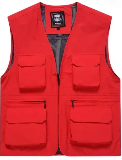 Men's Vest Gilet Fishing Vest Hiking Vest Daily Date Vacation Fashion Casual Spring & Fall Mesh Pocket Polyester Breathable Comfortable Plain Zipper V Neck Regular Fit Black Yellow Red Navy Blue Vest