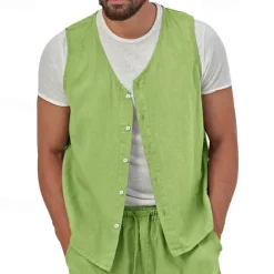 Men's Vest Gilet Linen Vest Vacation Daily Date Fashion Casual Summer Spring Buttons Pocket Linen Comfortable Plain Single Breasted One-button V Neck Regular Fit Black Yellow Light Green Navy Blue