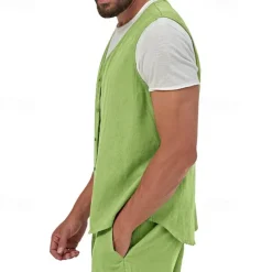 Men's Vest Gilet Linen Vest Vacation Daily Date Fashion Casual Summer Spring Buttons Pocket Linen Comfortable Plain Single Breasted One-button V Neck Regular Fit Black Yellow Light Green Navy Blue