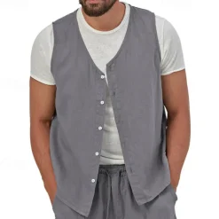 Men's Vest Gilet Linen Vest Vacation Daily Date Fashion Casual Summer Spring Buttons Pocket Linen Comfortable Plain Single Breasted One-button V Neck Regular Fit Black Yellow Light Green Navy Blue