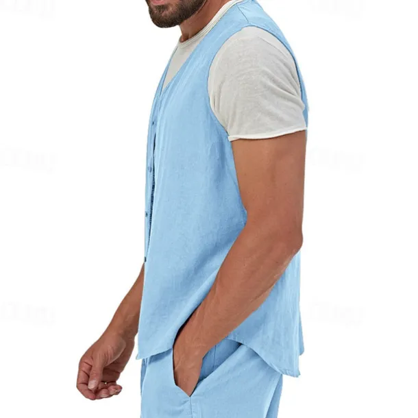 Men's Vest Gilet Linen Vest Vacation Daily Date Fashion Casual Summer Spring Buttons Pocket Linen Comfortable Plain Single Breasted One-button V Neck Regular Fit Black Yellow Light Green Navy Blue