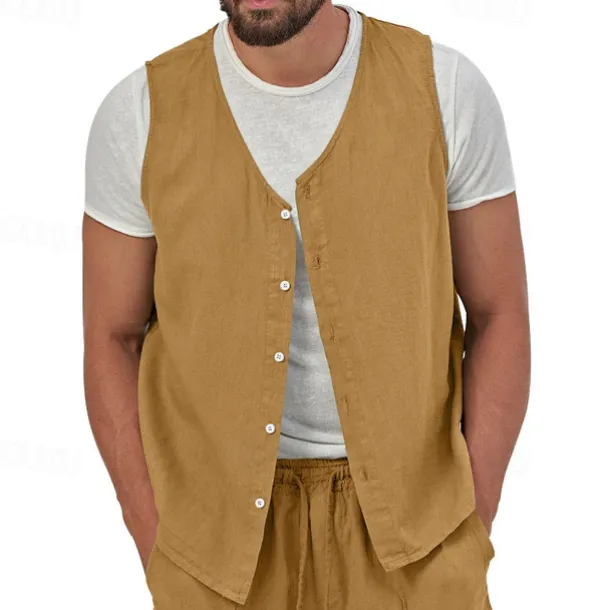 Men's Vest Gilet Linen Vest Vacation Daily Date Fashion Casual Summer Spring Buttons Pocket Linen Comfortable Plain Single Breasted One-button V Neck Regular Fit Black Yellow Light Green Navy Blue