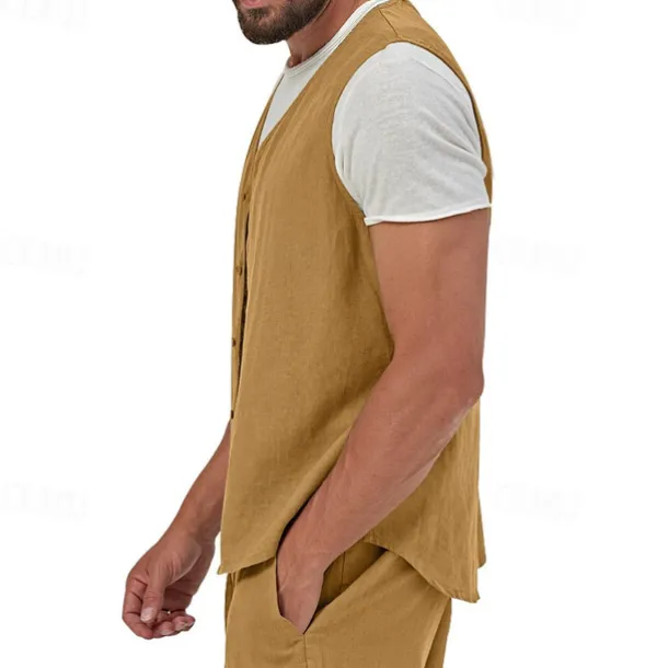 Men's Vest Gilet Linen Vest Vacation Daily Date Fashion Casual Summer Spring Buttons Pocket Linen Comfortable Plain Single Breasted One-button V Neck Regular Fit Black Yellow Light Green Navy Blue
