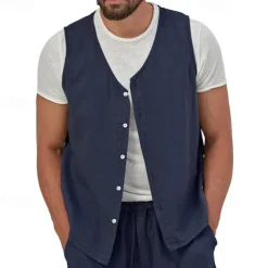 Men's Vest Gilet Linen Vest Vacation Daily Date Fashion Casual Summer Spring Buttons Pocket Linen Comfortable Plain Single Breasted One-button V Neck Regular Fit Black Yellow Light Green Navy Blue