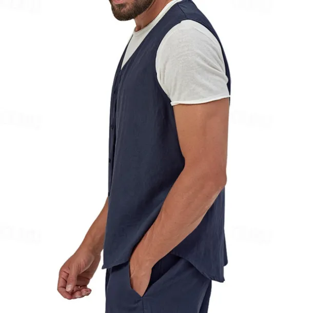 Men's Vest Gilet Linen Vest Vacation Daily Date Fashion Casual Summer Spring Buttons Pocket Linen Comfortable Plain Single Breasted One-button V Neck Regular Fit Black Yellow Light Green Navy Blue