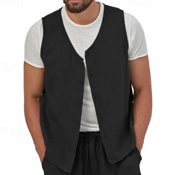 Men's Vest Gilet Linen Vest Vacation Daily Date Fashion Casual Summer Spring Buttons Pocket Linen Comfortable Plain Single Breasted One-button V Neck Regular Fit Black Yellow Light Green Navy Blue