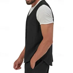 Men's Vest Gilet Linen Vest Vacation Daily Date Fashion Casual Summer Spring Buttons Pocket Linen Comfortable Plain Single Breasted One-button V Neck Regular Fit Black Yellow Light Green Navy Blue