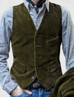 Men's Vest Gilet Vacation Daily Vintage Fashion Spring & Fall Buttons Decorative pockets Polyester Corduroy Comfortable Plain Single Breasted One-button V Neck Regular Fit Black Blue Brown Army Green