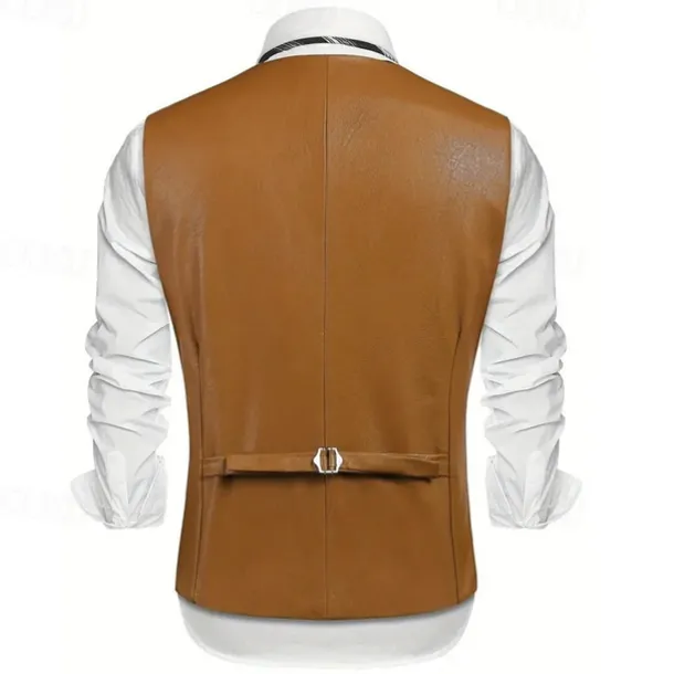Men's Vest Gilet Vacation Daily Date Fashion Casual Spring Fall Buttons Pocket Faux Leather Comfortable Plain Single Breasted One-button Lapel Regular Fit Dark Brown Black Red Light Brown Vest