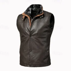 Men's Vest Gilet Wedding Event / Party Daily Fashion Business Fall & Winter Pocket Fleece PU Leather Thermal Warm Plain Zipper Stand Collar Regular Fit Coffee Vest