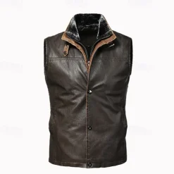 Men's Vest Gilet Wedding Event / Party Daily Fashion Business Fall & Winter Pocket Fleece PU Leather Thermal Warm Plain Zipper Stand Collar Regular Fit Coffee Vest