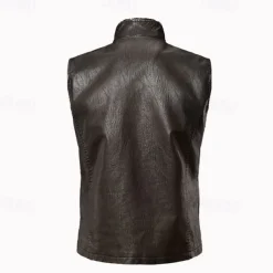 Men's Vest Gilet Wedding Event / Party Daily Fashion Business Fall & Winter Pocket Fleece PU Leather Thermal Warm Plain Zipper Stand Collar Regular Fit Coffee Vest