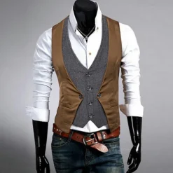 Men's Vest Gilet Wedding Event / Party Daily Fashion Business Spring & Fall Patchwork Button 2 in 1 Polyester Comfortable Color Block Single Breasted One-button V Neck Regular Fit Black Navy Blue