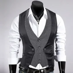 Men's Vest Gilet Wedding Event / Party Daily Fashion Business Spring & Fall Patchwork Button 2 in 1 Polyester Comfortable Color Block Single Breasted One-button V Neck Regular Fit Black Navy Blue