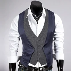 Men's Vest Gilet Wedding Event / Party Daily Fashion Business Spring & Fall Patchwork Button 2 in 1 Polyester Comfortable Color Block Single Breasted One-button V Neck Regular Fit Black Navy Blue