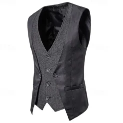 Men's Vest Gilet Wedding Event / Party Daily Fashion Business Spring & Fall Patchwork Button 2 in 1 Polyester Comfortable Color Block Single Breasted One-button V Neck Regular Fit Black Navy Blue