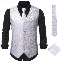 Men's Vest Tie Set Paisley Floral Jacquard Necktie Pocket Square 3PCS Waistcoat Retro Vintage Rococo for Suit or Tuxedo Wedding Party Masquerade