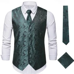 Men's Vest Tie Set Paisley Floral Jacquard Necktie Pocket Square 3PCS Waistcoat Retro Vintage Rococo for Suit or Tuxedo Wedding Party Masquerade
