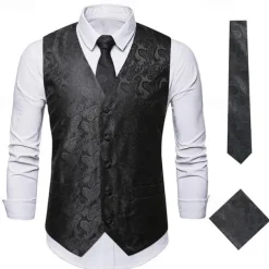 Men's Vest Tie Set Paisley Floral Jacquard Necktie Pocket Square 3PCS Waistcoat Retro Vintage Rococo for Suit or Tuxedo Wedding Party Masquerade