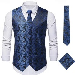 Men's Vest Tie Set Paisley Floral Jacquard Necktie Pocket Square 3PCS Waistcoat Retro Vintage Rococo for Suit or Tuxedo Wedding Party Masquerade