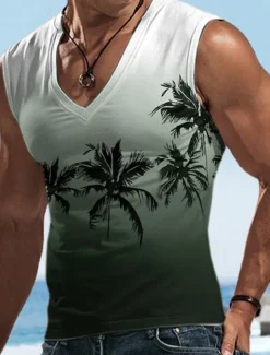 Men's Vest Top Sleeveless T Shirt for Men Graphic Coconut Tree V Neck Clothing Apparel 3D Print Sports Running Sleeveless 3D Print Designer Casual Muscle