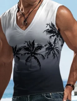 Men's Vest Top Sleeveless T Shirt for Men Graphic Coconut Tree V Neck Clothing Apparel 3D Print Sports Running Sleeveless 3D Print Designer Casual Muscle