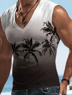 Men's Vest Top Sleeveless T Shirt for Men Graphic Coconut Tree V Neck Clothing Apparel 3D Print Sports Running Sleeveless 3D Print Designer Casual Muscle