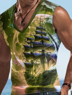Men's Vest Top Sleeveless T Shirt for Men Graphic Boat V Neck Clothing Apparel 3D Print Sports Running Sleeveless 3D Print Designer Casual Muscle