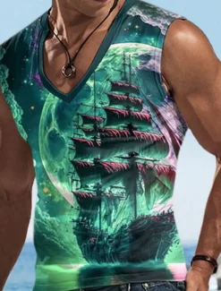 Men's Vest Top Sleeveless T Shirt for Men Graphic Boat V Neck Clothing Apparel 3D Print Sports Running Sleeveless 3D Print Designer Casual Muscle