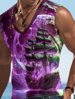 Men's Vest Top Sleeveless T Shirt for Men Graphic Boat V Neck Clothing Apparel 3D Print Sports Running Sleeveless 3D Print Designer Casual Muscle