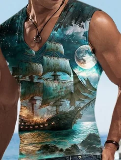 Men's Vest Top Sleeveless T Shirt for Men Graphic Boat V Neck Clothing Apparel 3D Print Sports Running Sleeveless 3D Print Designer Casual Muscle