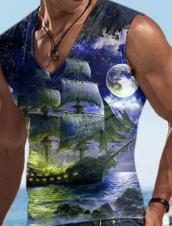 Men's Vest Top Sleeveless T Shirt for Men Graphic Boat V Neck Clothing Apparel 3D Print Sports Running Sleeveless 3D Print Designer Casual Muscle