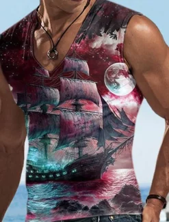 Men's Vest Top Sleeveless T Shirt for Men Graphic Boat V Neck Clothing Apparel 3D Print Sports Running Sleeveless 3D Print Designer Casual Muscle