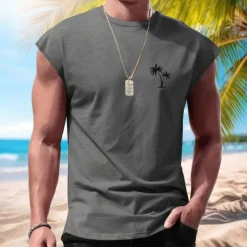 Men's Vest Top Undershirt Sleeveless Shirt Sleeveless Crewneck Spring & Summer Pattern Fashion Designer Vacation Street Going out Wine Dark Navy Army Green Top Tee for Men