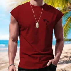 Men's Vest Top Undershirt Sleeveless Shirt Sleeveless Crewneck Spring & Summer Pattern Fashion Designer Vacation Street Going out Wine Dark Navy Army Green Top Tee for Men