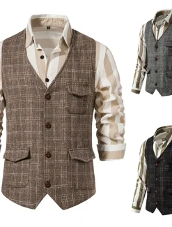 Men's Vest Waistcoat Daily Wear Vacation Going out Vintage British Spring & Fall Button Polyester Comfortable Plaid Single Breasted Lapel Regular Fit Grey Black khaki Vest