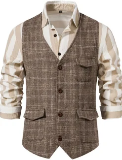 Men's Vest Waistcoat Daily Wear Vacation Going out Vintage British Spring & Fall Button Polyester Comfortable Plaid Single Breasted Lapel Regular Fit Grey Black khaki Vest