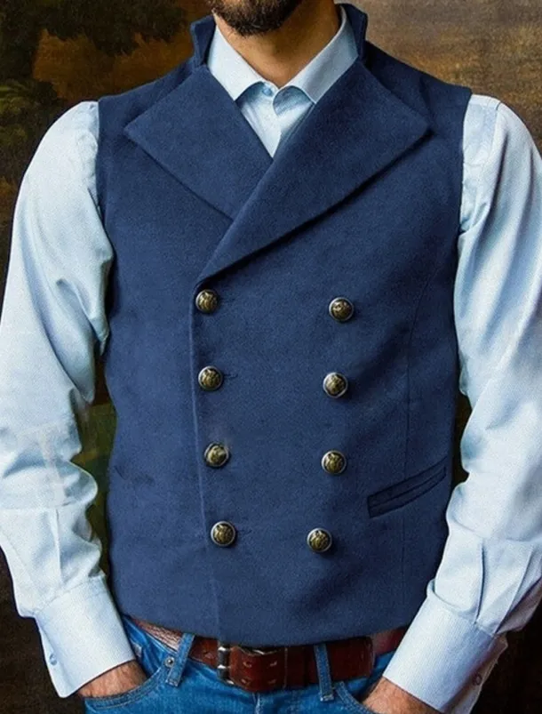 Men's Vest Waistcoat Daily Wear Vacation Going out Vintage Fashion Spring & Fall Button Polyester Comfortable Plain Double Breasted Lapel Regular Fit Black Royal Blue Brown Rose Red Vest