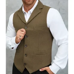 Men's Vest Waistcoat Gilet Vacation Party Business Fashion Casual Spring Fall Buttons Pocket Woolen Comfortable Solid Color Single Breasted One-button Flat collar Regular Fit Brown Army Green Gray