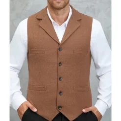Men's Vest Waistcoat Gilet Vacation Party Business Fashion Casual Spring Fall Buttons Pocket Woolen Comfortable Solid Color Single Breasted One-button Flat collar Regular Fit Brown Army Green Gray