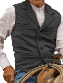 Men's Vest Waistcoat Gilet Vacation Daily Wedding Party Date Fashion Casual Spring Fall Buttons Pocket Polyester Comfortable Plain Single Breasted One-button Lapel Regular Fit Silver Black Red