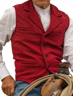 Men's Vest Waistcoat Gilet Vacation Daily Wedding Party Date Fashion Casual Spring Fall Buttons Pocket Polyester Comfortable Plain Single Breasted One-button Lapel Regular Fit Silver Black Red