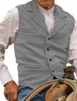 Men's Vest Waistcoat Gilet Vacation Daily Wedding Party Date Fashion Casual Spring Fall Buttons Pocket Polyester Comfortable Plain Single Breasted One-button Lapel Regular Fit Silver Black Red