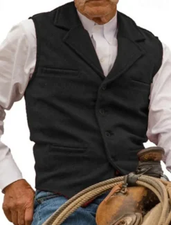 Men's Vest Waistcoat Gilet Vacation Daily Wedding Party Date Fashion Casual Spring Fall Buttons Pocket Polyester Comfortable Plain Single Breasted One-button Lapel Regular Fit Silver Black Red