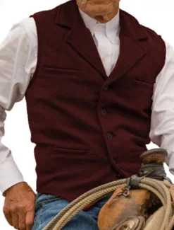 Men's Vest Waistcoat Gilet Vacation Daily Wedding Party Date Fashion Casual Spring Fall Buttons Pocket Polyester Comfortable Plain Single Breasted One-button Lapel Regular Fit Silver Black Red